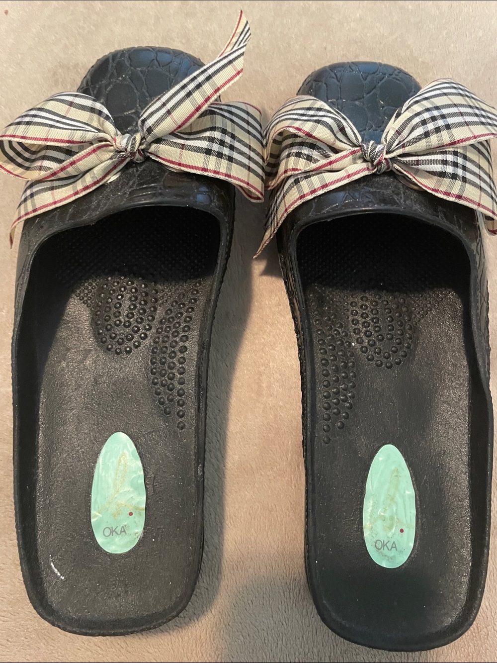 OKA b. Black Slide Mules with Plaid Bow Accent